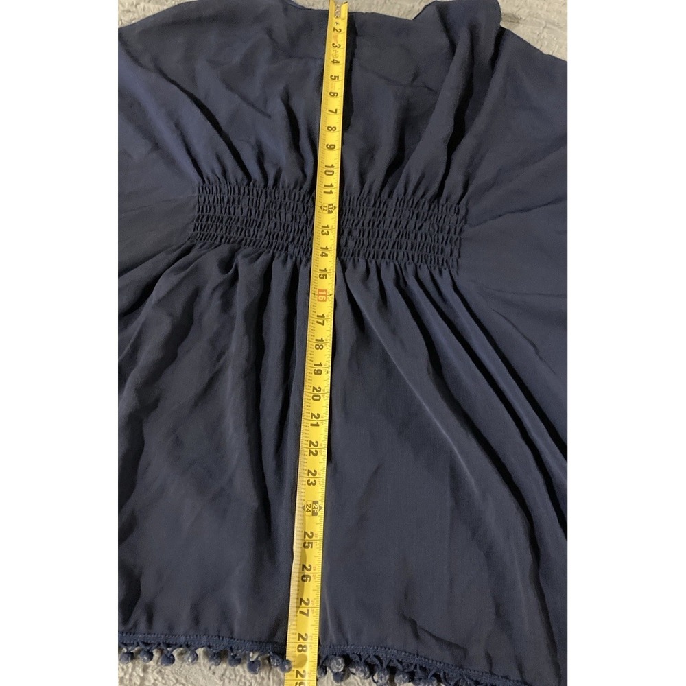 Navy Blue Boho Kimono Cover Up Pom Pom Trim Sheer Smocked Waist One Size - Picture 3 of 7